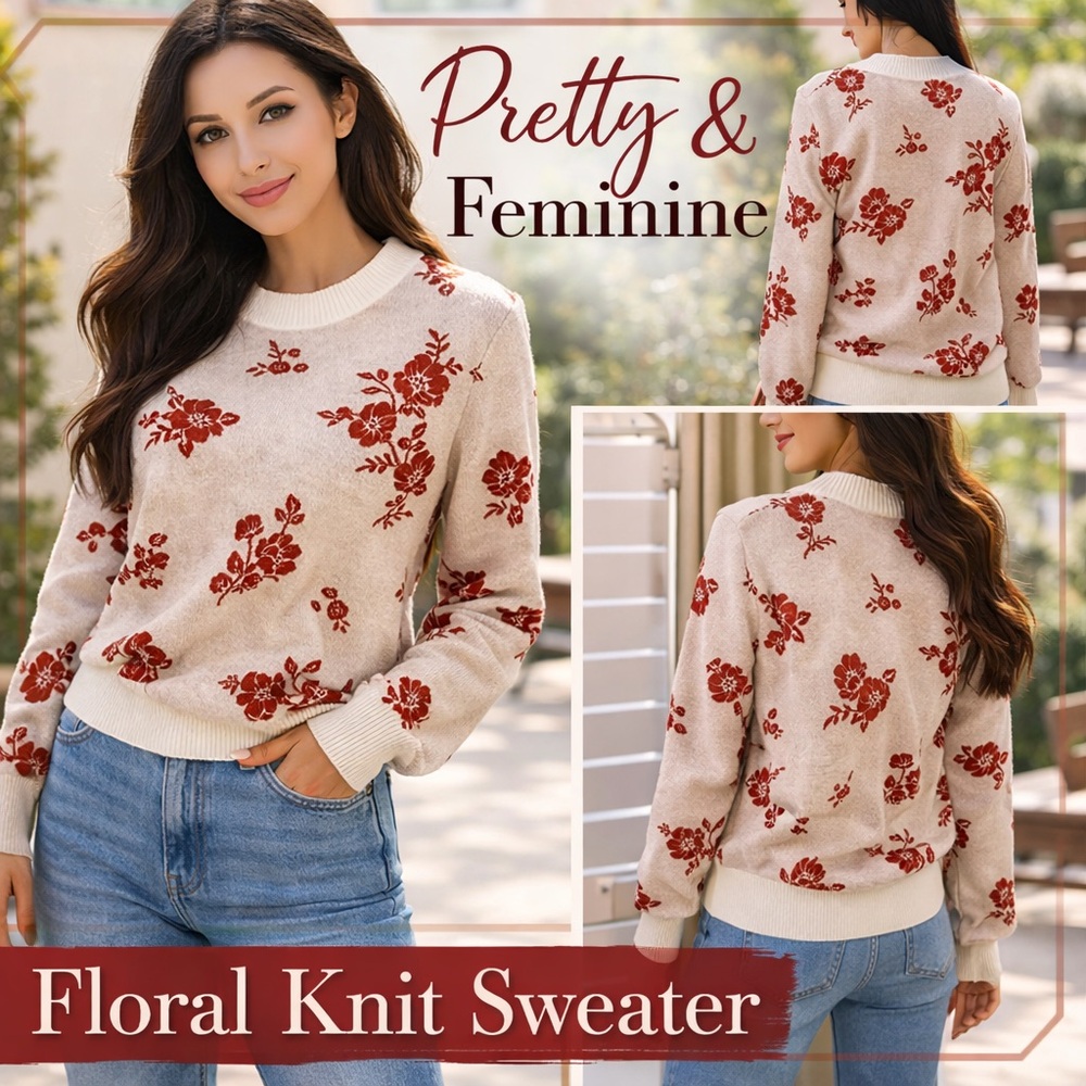 “Berkley Jensen Floral Sweater Women Small Red Cream Knit Crew Neck Cozy Fall”